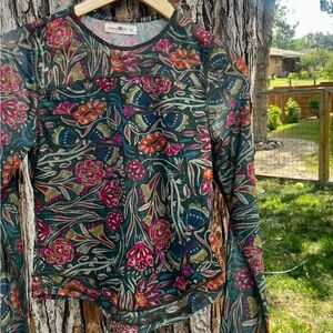 NATURAL LIFE Floral Mesh Long Sleeve Top in Dark Green, Pink and Olive